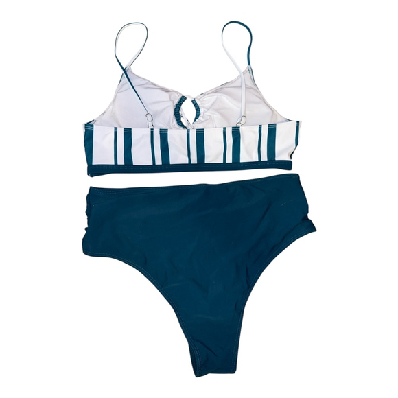 Women's Two-Piece Bikini Set, Striped Top with Green Bottom, High Waisted, Large - Picture 2 of 2